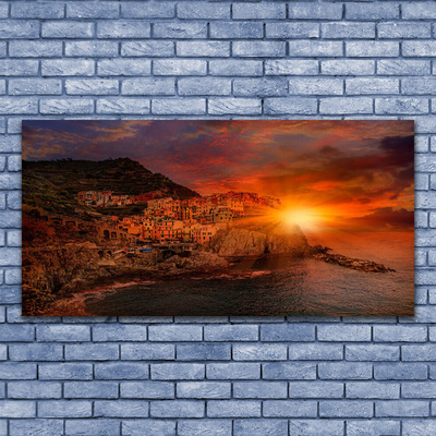 Glass Print Sea city sun landscape brown green yellow