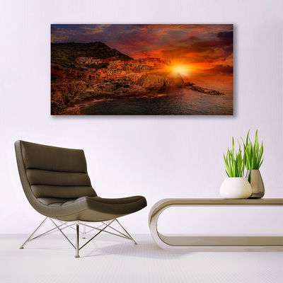 Glass Print Sea city sun landscape brown green yellow