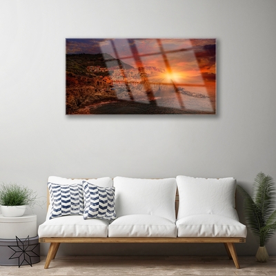 Glass Print Sea city sun landscape brown green yellow