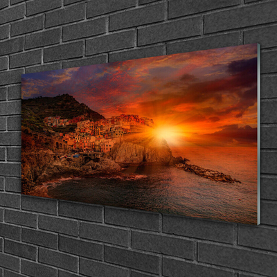 Glass Print Sea city sun landscape brown green yellow