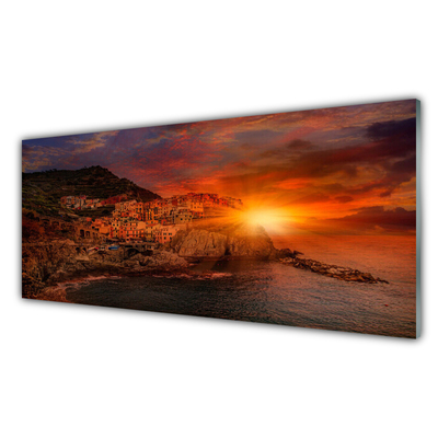 Glass Print Sea city sun landscape brown green yellow