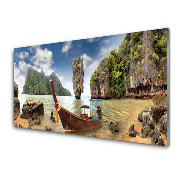 Glass Print Boat mountain stones landscape brown grey green