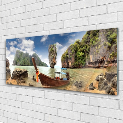 Glass Print Boat mountain stones landscape brown grey green