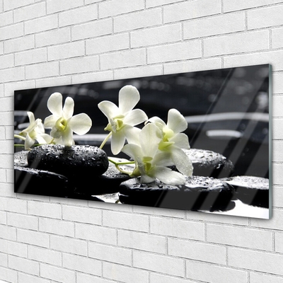 Glass Print Flower stones floral white black