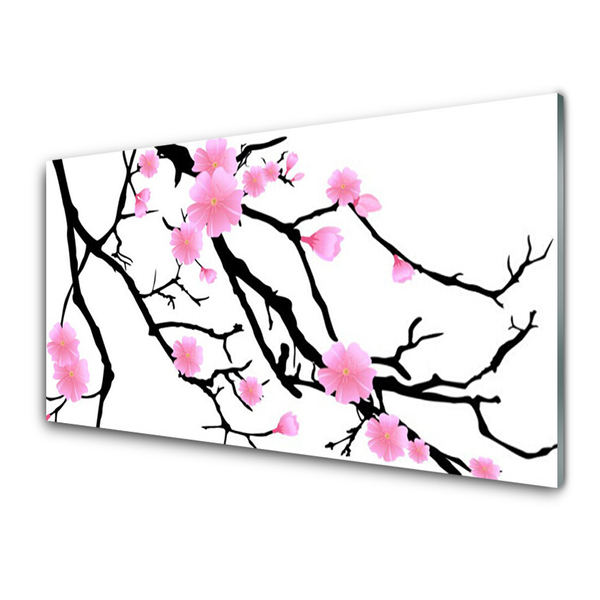 Glass Print Branches flowers art brown pink