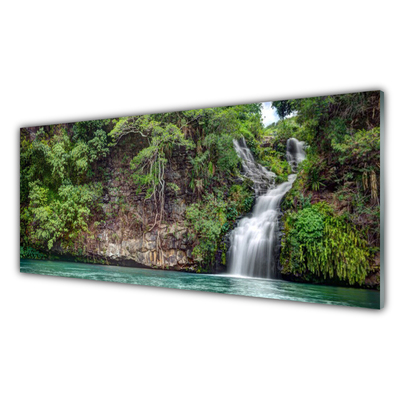 Glass Print Waterfall rock nature white blue grey green