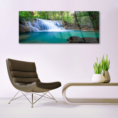 Glass Print Waterfall lake forest nature blue brown white green