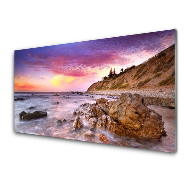 Glass Print Sea stones landscape grey purple pink