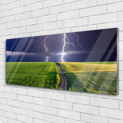 Glass Print Field path lightning landscape grey green purple white