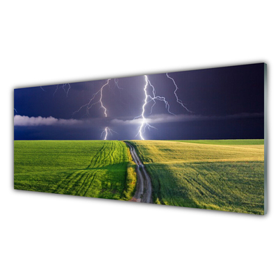 Glass Print Field path lightning landscape grey green purple white