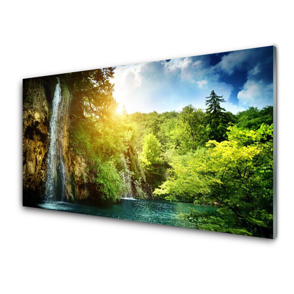 Glass Print Waterfall trees landscape blue white green brown