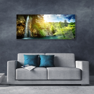 Glass Print Waterfall trees landscape blue white green brown