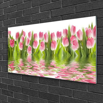 Glass Wall Art Tulips floral pink green