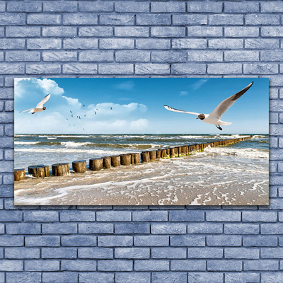 Glass Wall Art Seagulls sea landscape grey blue white
