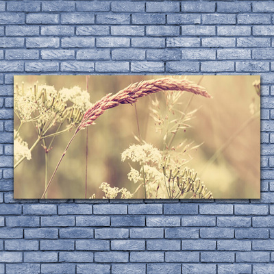 Glass Wall Art Wild plants floral white brown