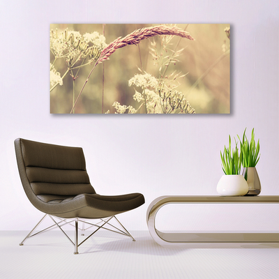 Glass Wall Art Wild plants floral white brown