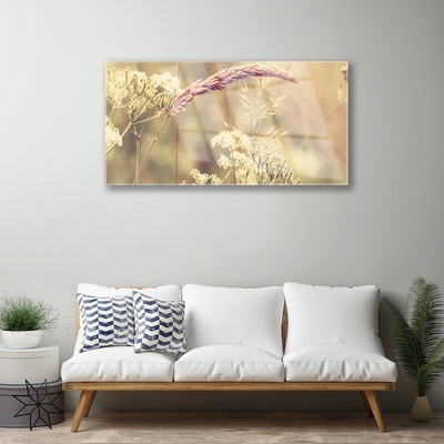 Glass Wall Art Wild plants floral white brown