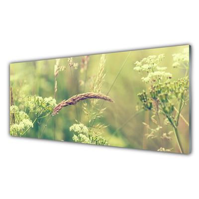 Glass Wall Art Wild plants floral white green brown