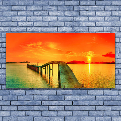 Glass Wall Art Bridge sea architecture grey blue orange yellow