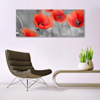 Glass Wall Art Poppies floral red grey