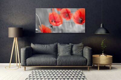 Glass Wall Art Poppies floral red grey