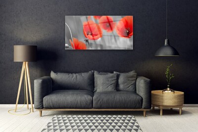 Glass Wall Art Poppies floral red grey