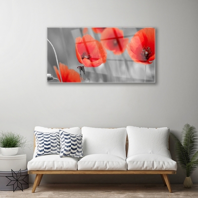 Glass Wall Art Poppies floral red grey