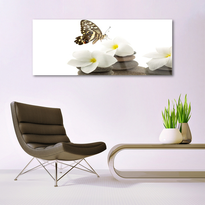 Glass Wall Art Butterfly flower stones floral green white grey