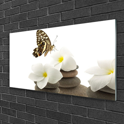 Glass Wall Art Butterfly flower stones floral green white grey