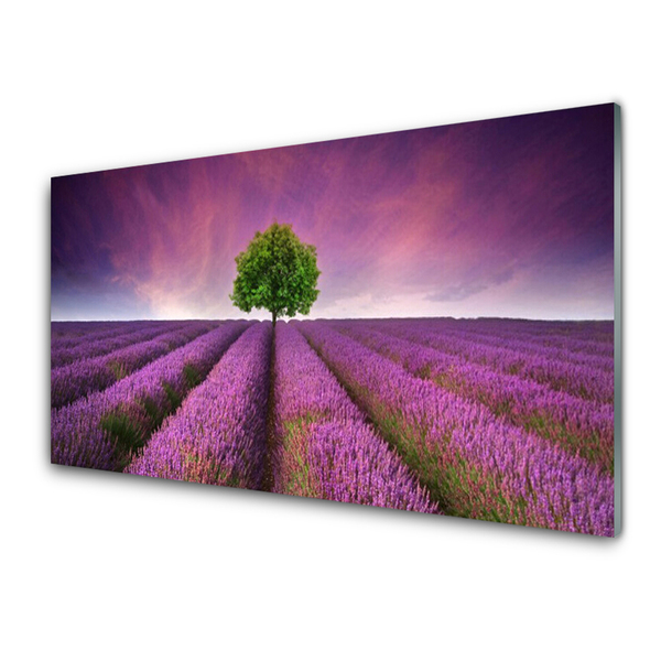 Glass Wall Art Meadow tree nature pink green purple