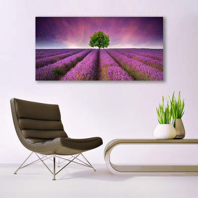 Glass Wall Art Meadow tree nature pink green purple