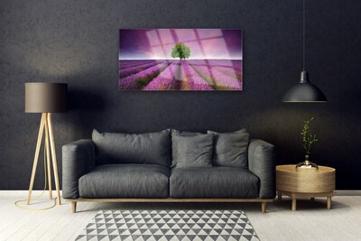 Glass Wall Art Meadow tree nature pink green purple