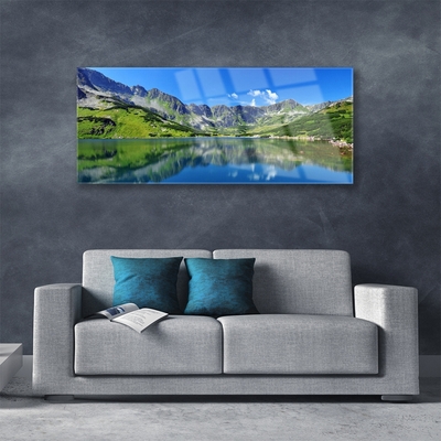 Glass Wall Art Mountain lake landscape blue green grey
