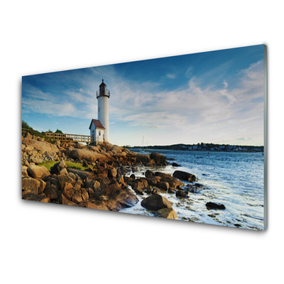 Glass Wall Art Lighthouse stones sea landscape white brown grey yellow