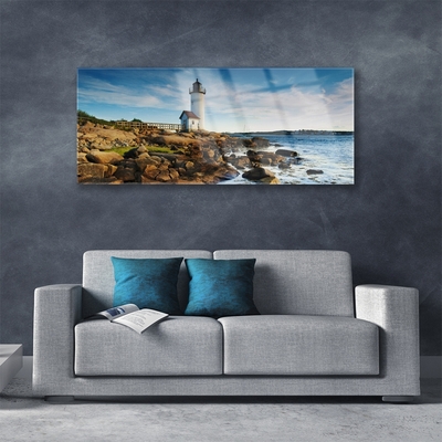 Glass Wall Art Lighthouse stones sea landscape white brown grey yellow