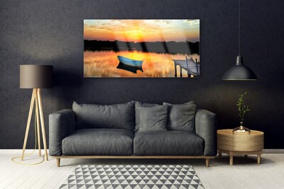 Glass Wall Art Boat bridge lake landscape white grey yellow black