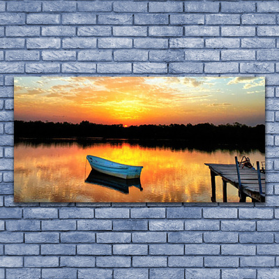 Glass Wall Art Boat bridge lake landscape white grey yellow black