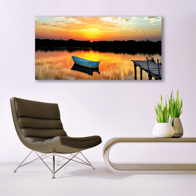 Glass Wall Art Boat bridge lake landscape white grey yellow black