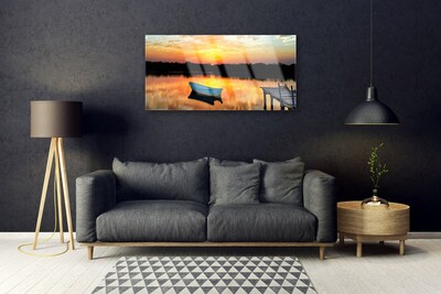 Glass Wall Art Boat bridge lake landscape white grey yellow black