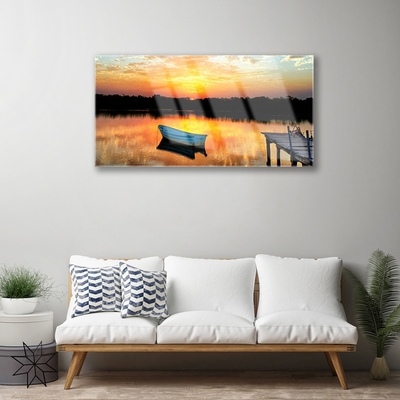 Glass Wall Art Boat bridge lake landscape white grey yellow black