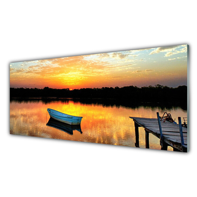 Glass Wall Art Boat bridge lake landscape white grey yellow black