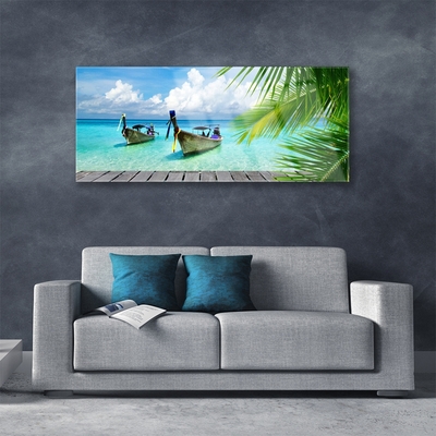 Glass Wall Art Boats sea landscape blue brown green