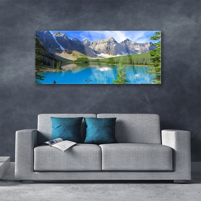 Glass Wall Art Lake mountain forest landscape blue green grey white