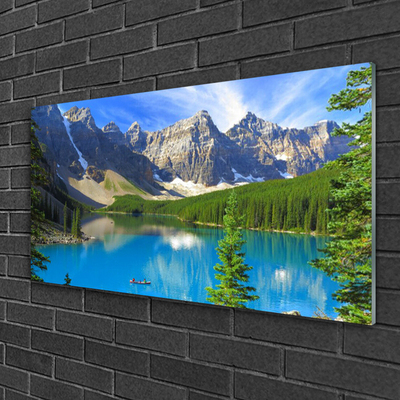 Glass Wall Art Lake mountain forest landscape blue green grey white