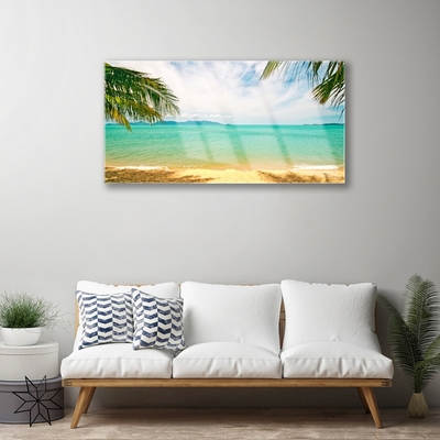 Glass Wall Art Sea beach landscape blue yellow