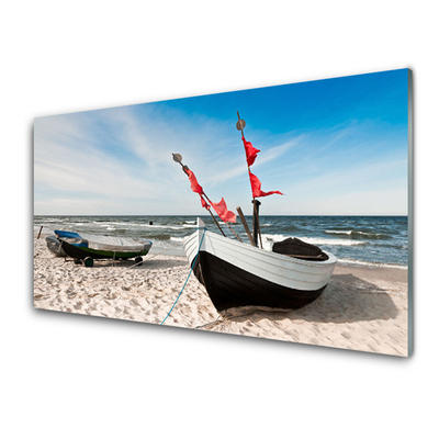 Glass Wall Art Boats beach landscape white black brown blue