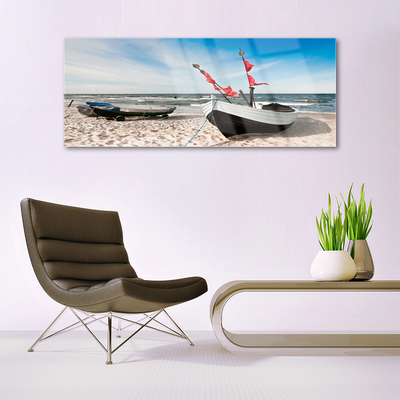 Glass Wall Art Boats beach landscape white black brown blue