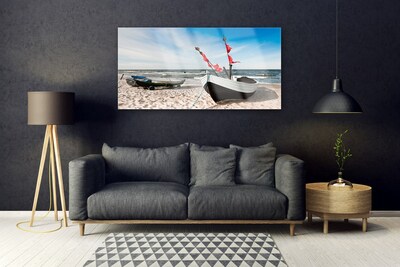 Glass Wall Art Boats beach landscape white black brown blue