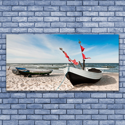 Glass Wall Art Boats beach landscape white black brown blue