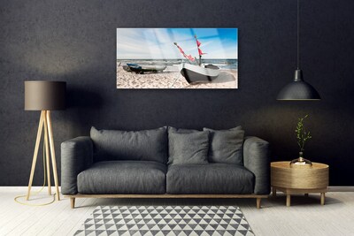 Glass Wall Art Boats beach landscape white black brown blue